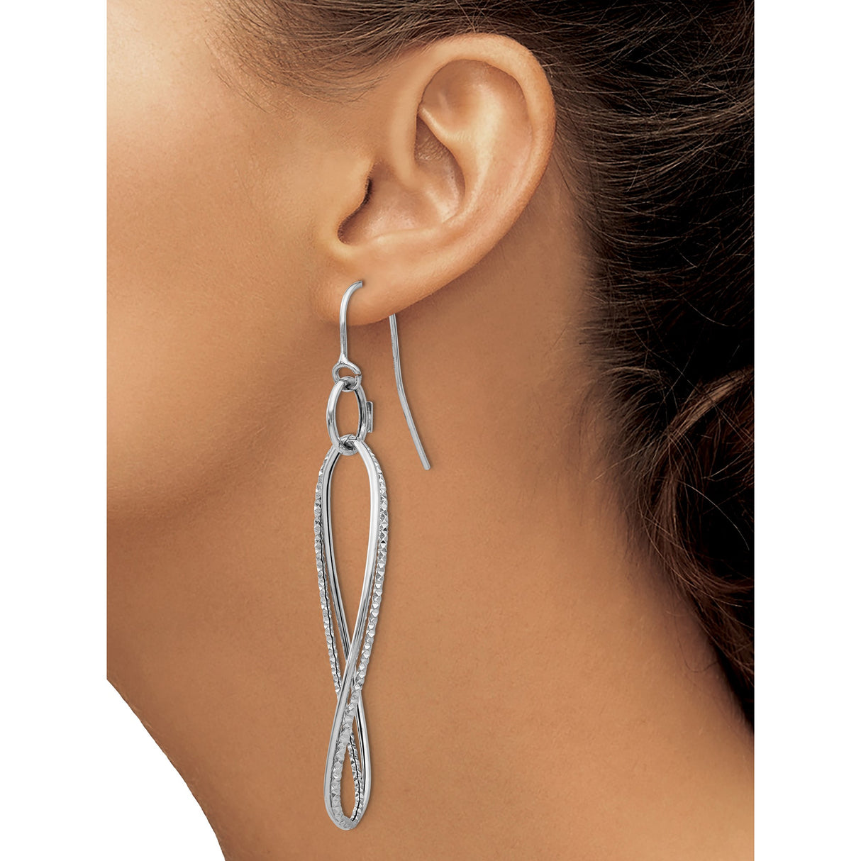 14k White Gold Dangle Earrings, Dual Marquise Loop Design with Textured and Polished Finish