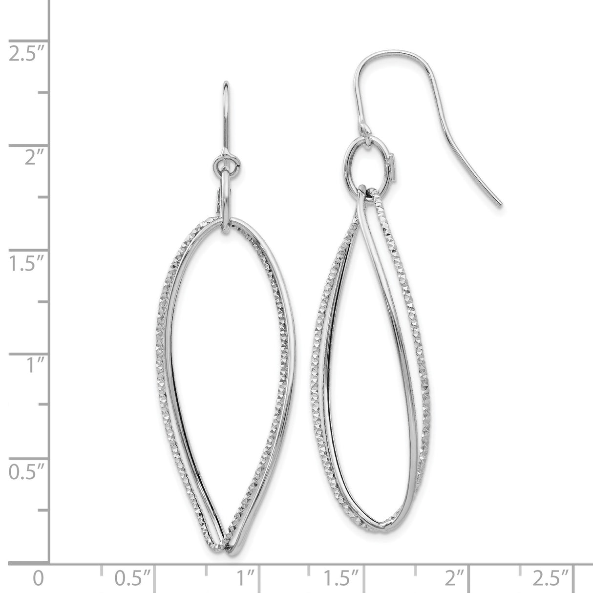 14k White Gold Dangle Earrings, Dual Marquise Loop Design with Textured and Polished Finish