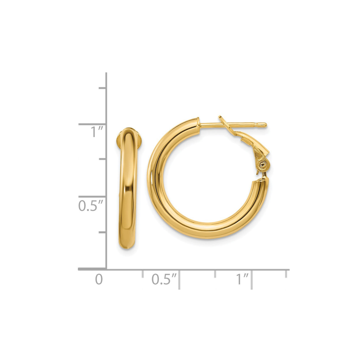 14k Yellow Gold Hoop Earrings with Polished Finish and Snap-Back Closure, Medium Size Classic Style