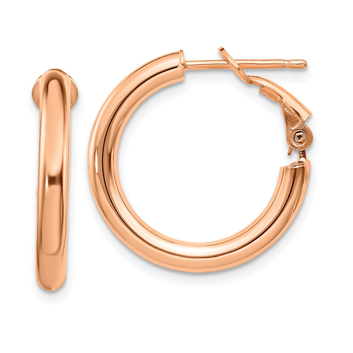 14k Rose Gold Hoop Earrings, Polished Finish, Classic Round Shape, Hinged Clasp, Lightweight Design