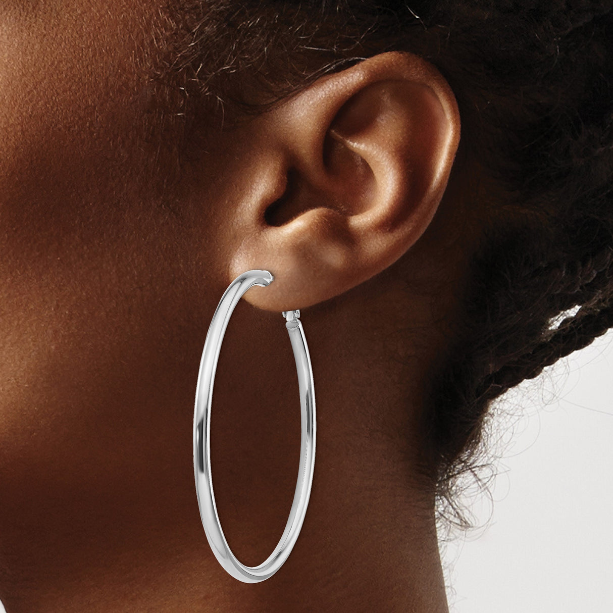 14k White Gold Hoop Earrings, Large Round Polished Hoops with Hinged Closure, Minimalist Design