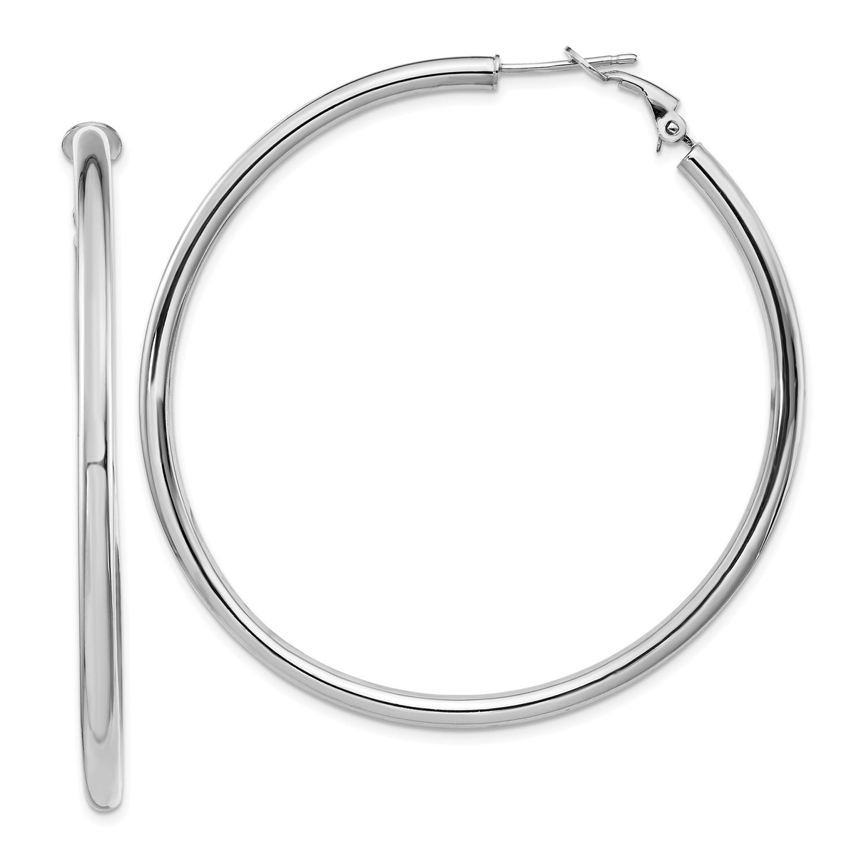 14k White Gold Hoop Earrings, Large Round Polished Hoops with Hinged Closure, Minimalist Design
