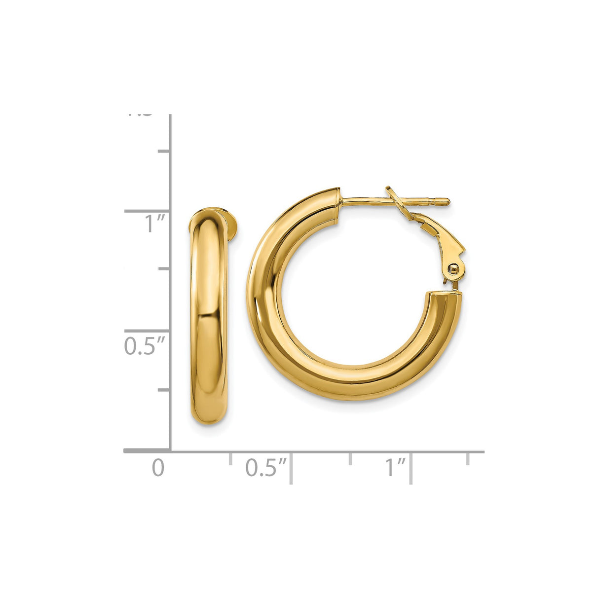 14k Yellow Gold Hoop Earrings, Medium Tube Style with Polished Finish and Hinged Back Clasp