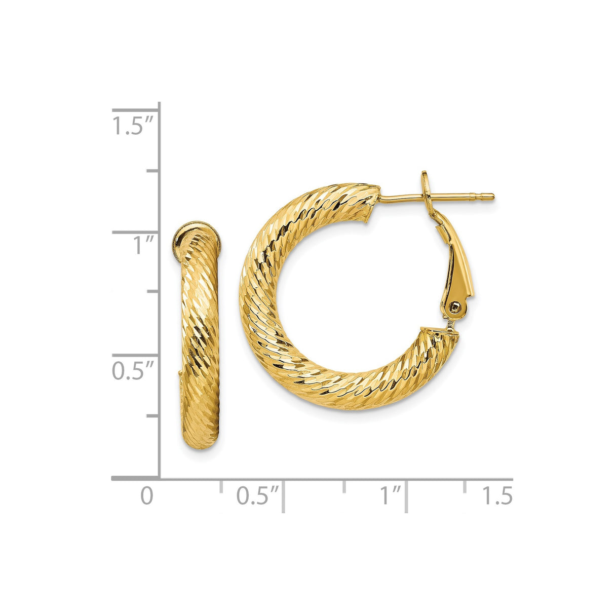 14k Yellow Gold Hoop Earrings, Twisted Diamond Cut Medium Hoops with Shine Finish