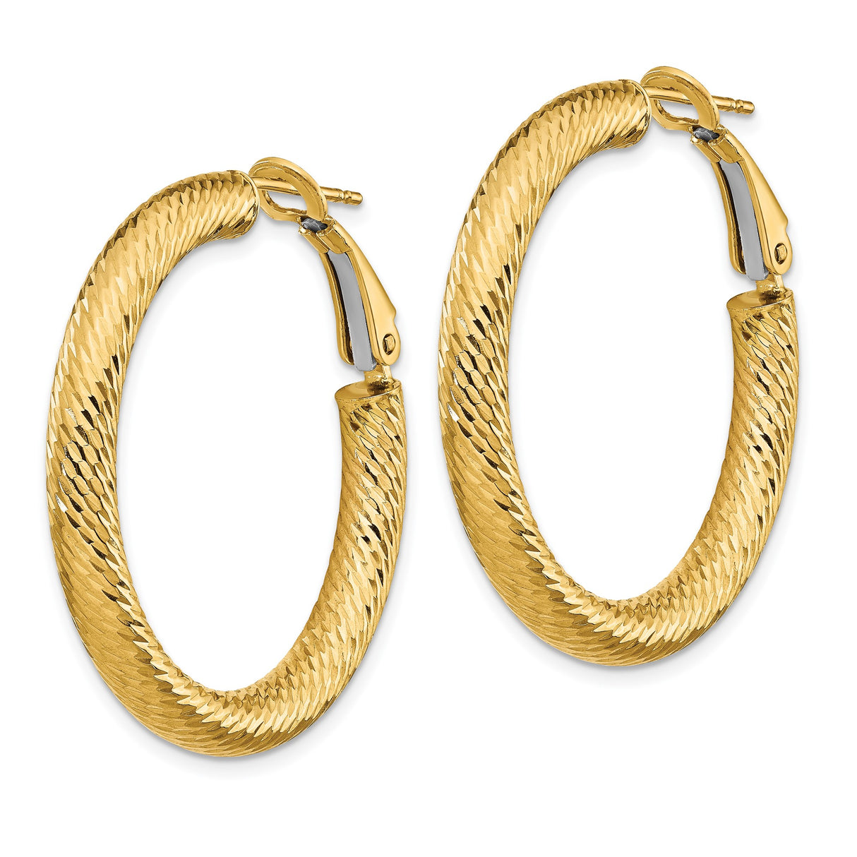 14k Yellow Gold Hoop Earrings, Diamond Cut Textured Round Hoops with Snap Lock Closure