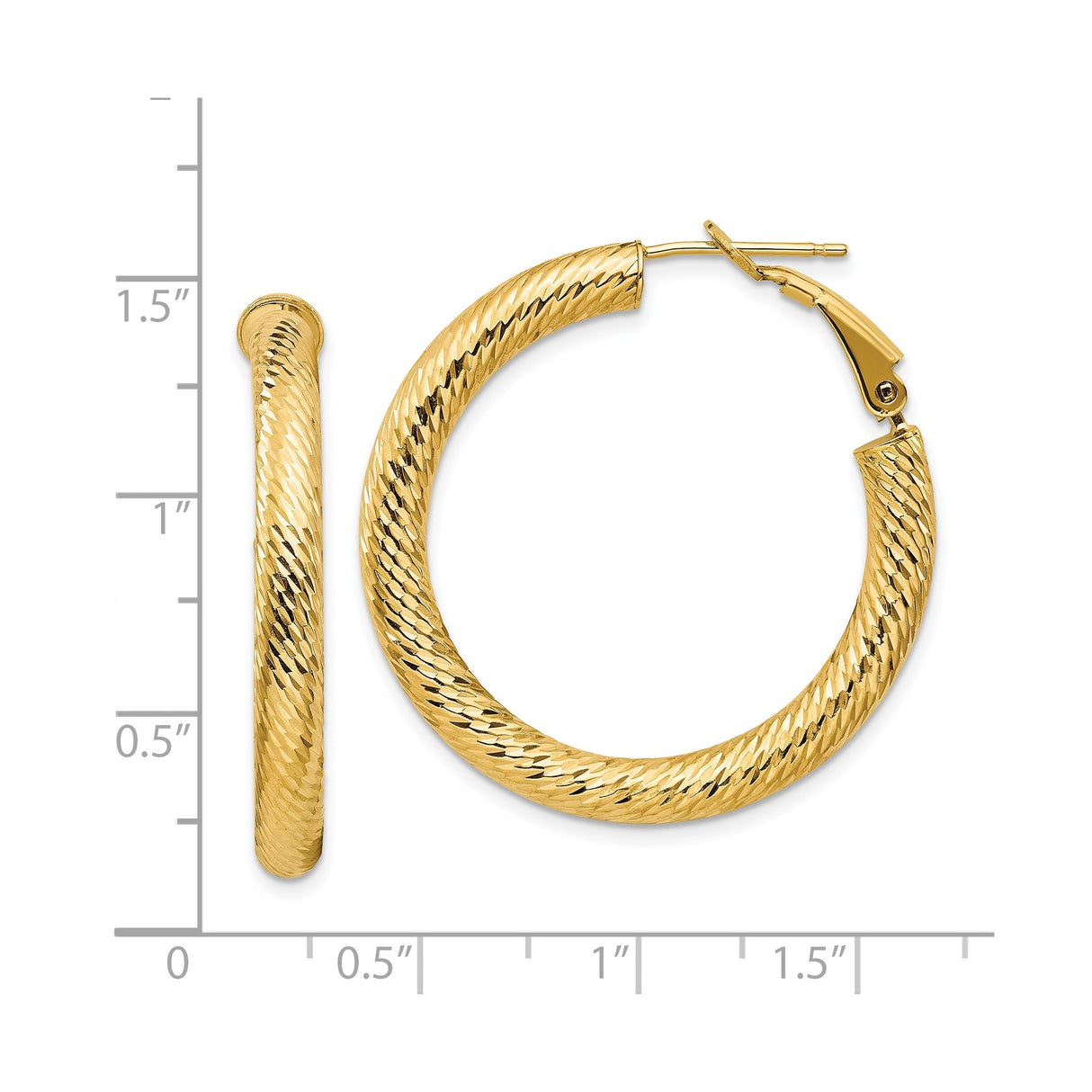 14k Yellow Gold Hoop Earrings, Diamond Cut Textured Round Hoops with Snap Lock Closure