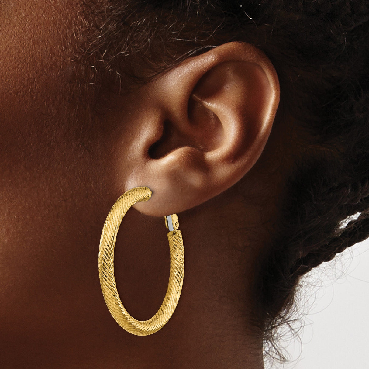 14k Yellow Gold Hoop Earrings, Large Textured High-Polish Hoops with Omega Back Closure