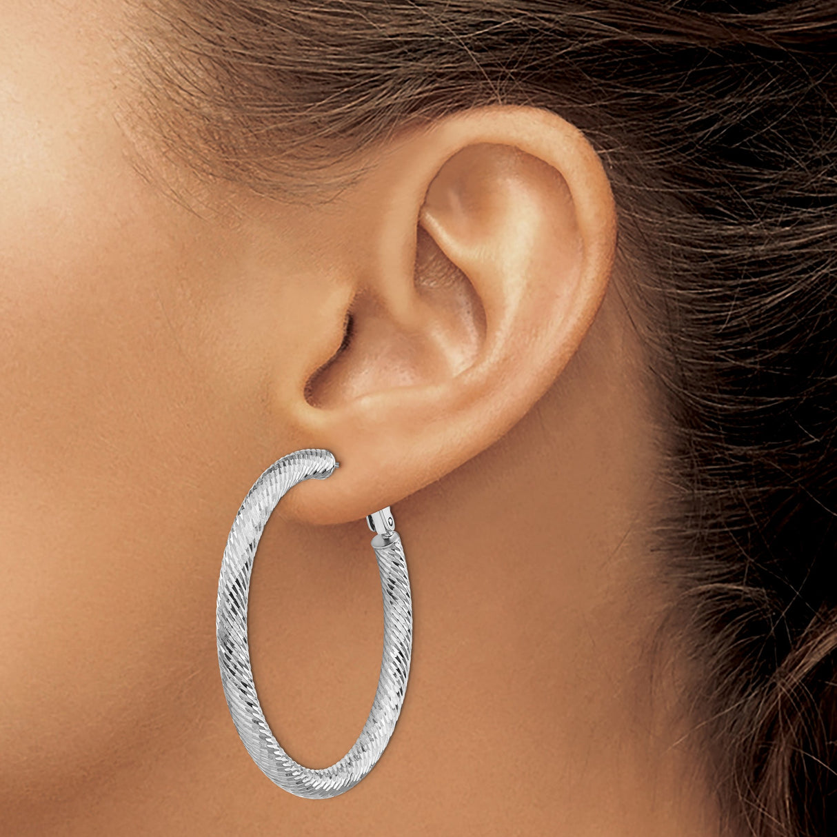 14k White Gold Hoop Earrings with Twisted Diamond Cut Finish and Hinged Snap Back Closure