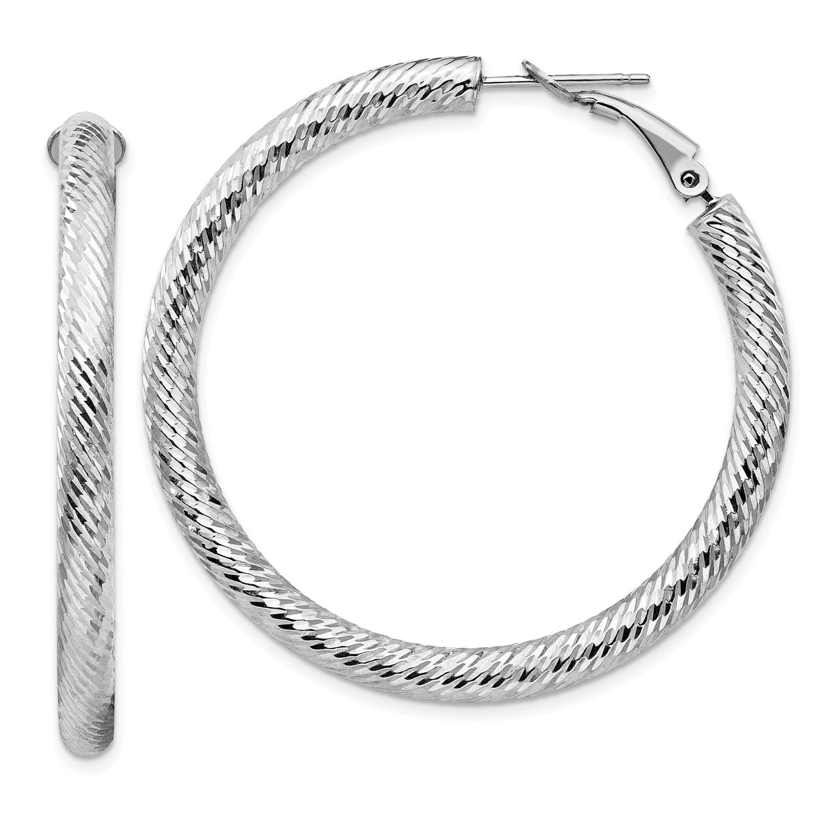 14k White Gold Hoop Earrings with Twisted Diamond Cut Finish and Hinged Snap Back Closure