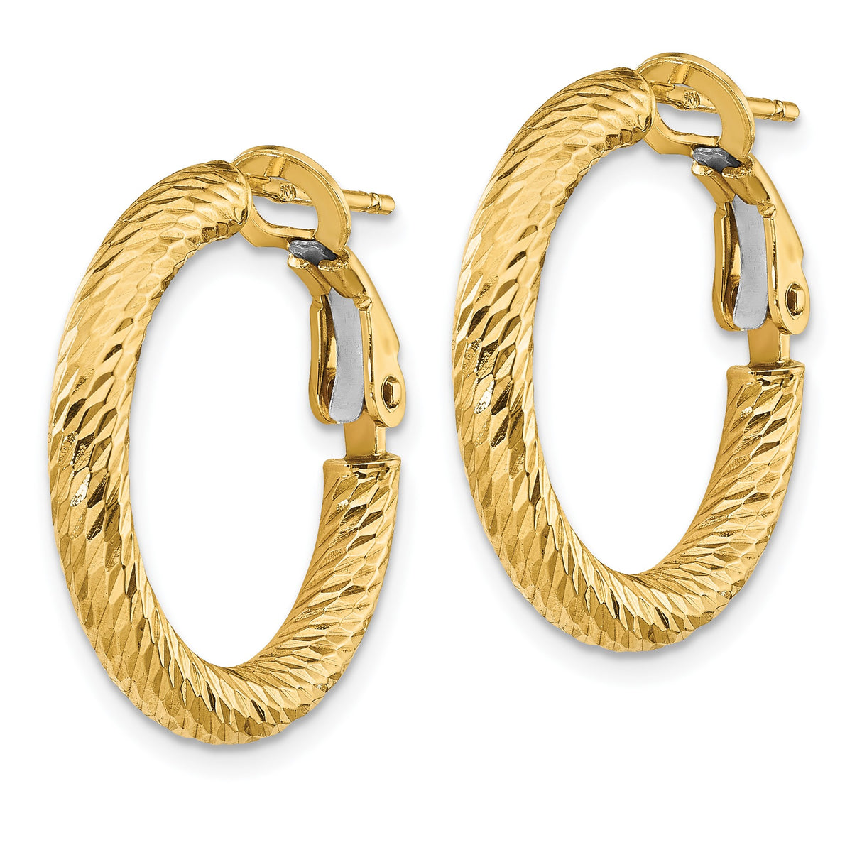 14k Yellow Gold Hoop Earrings with Diamond Cut Textured Finish, Classic Round Design