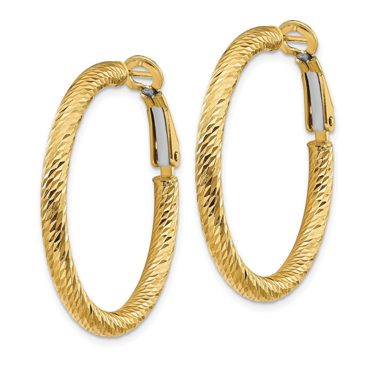 14k Yellow Gold Hoop Earrings, Textured Diamond Cut Finish, Classic Medium Round Style