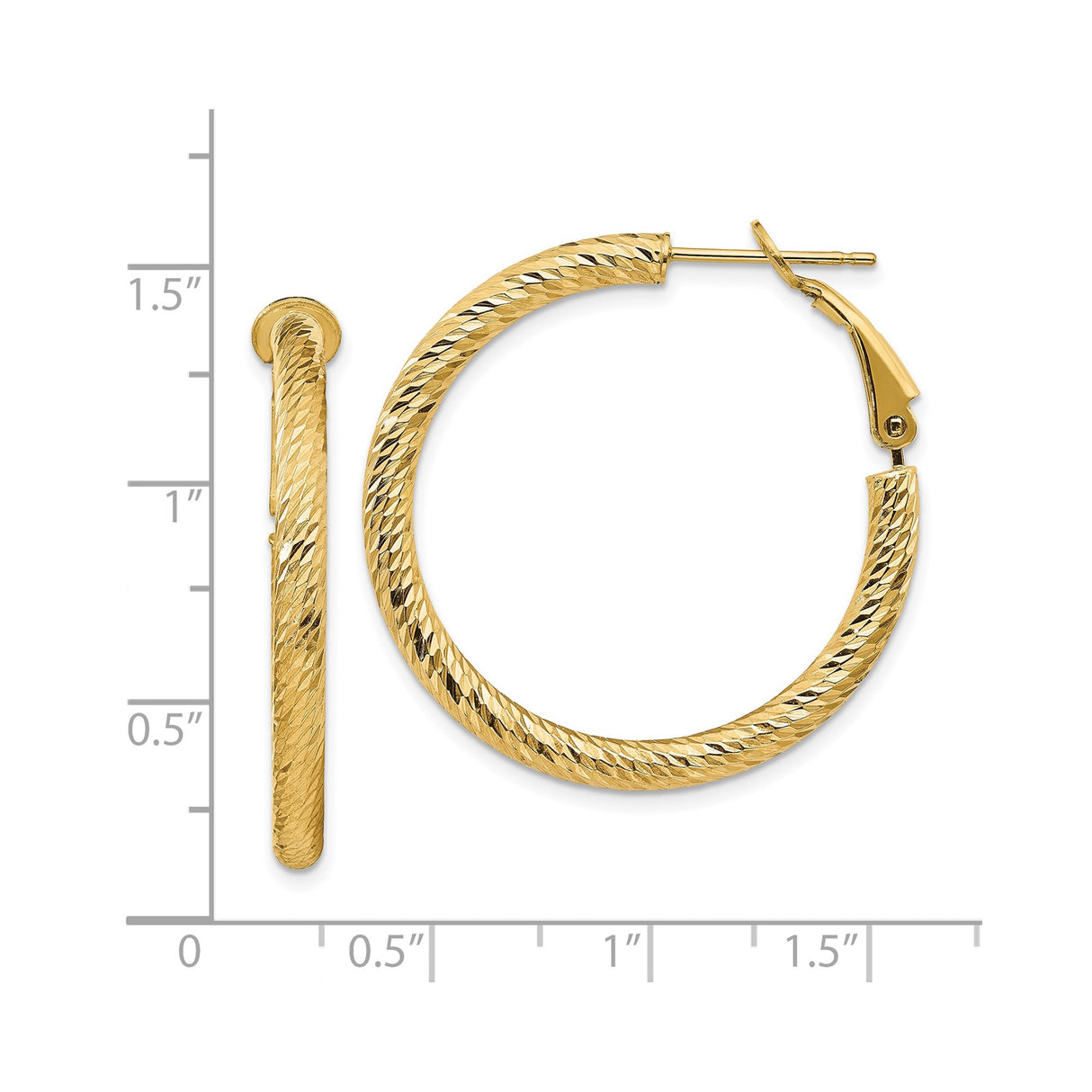 14k Yellow Gold Hoop Earrings, Textured Diamond Cut Finish, Classic Medium Round Style