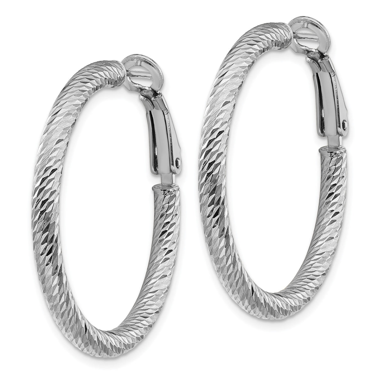 14k White Gold Hoop Earrings with Textured Diamond Cut Finish and Omega Back Design