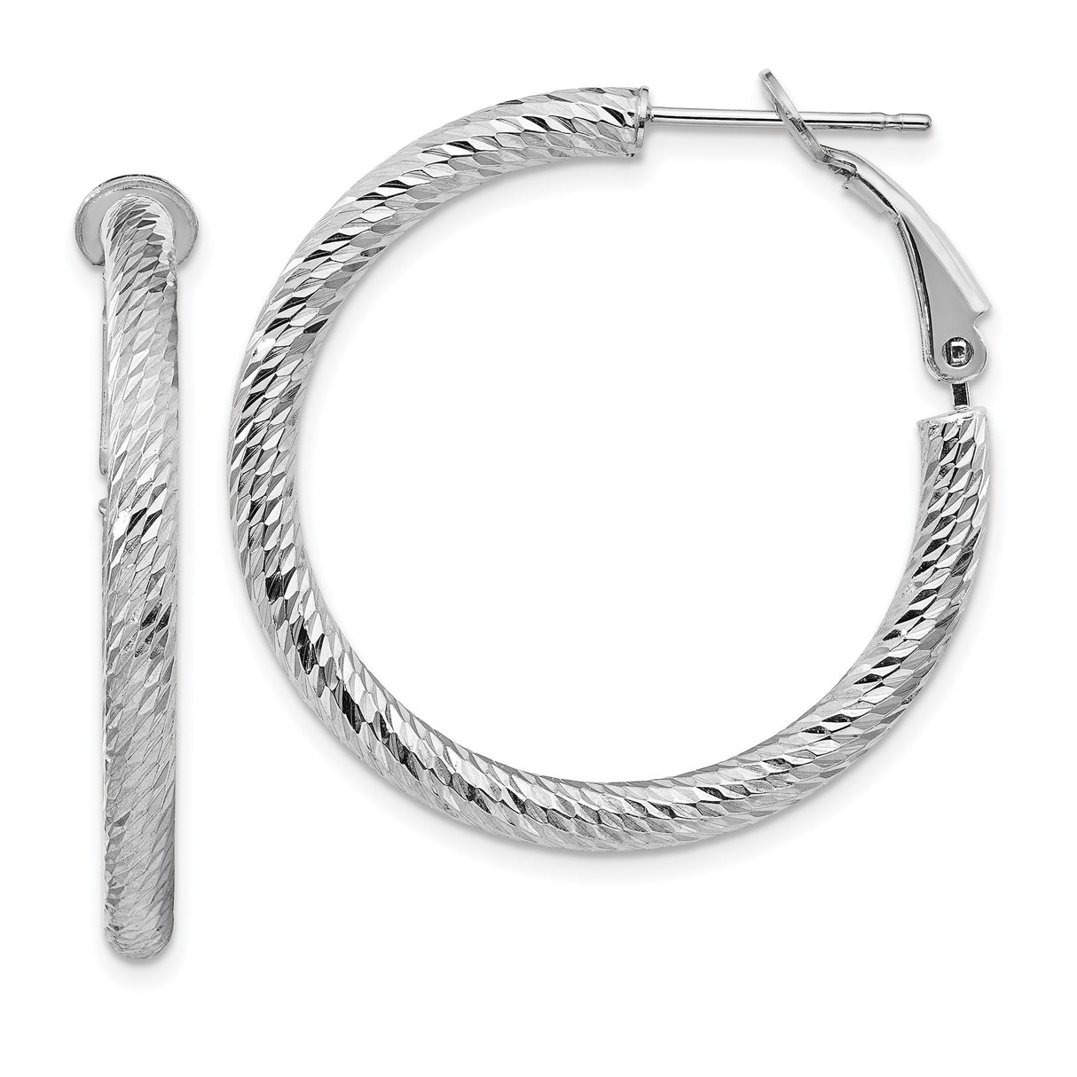 14k White Gold Hoop Earrings with Textured Diamond Cut Finish and Omega Back Design