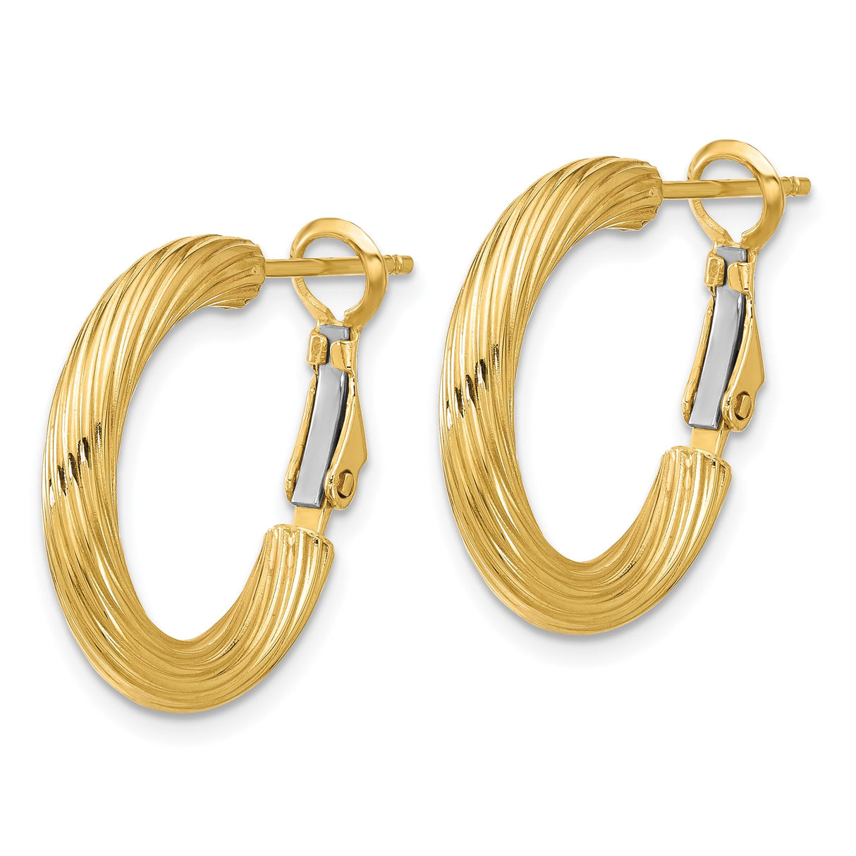 14k Yellow Gold Hoop Earrings, Twisted Ribbed Design with Omega Back