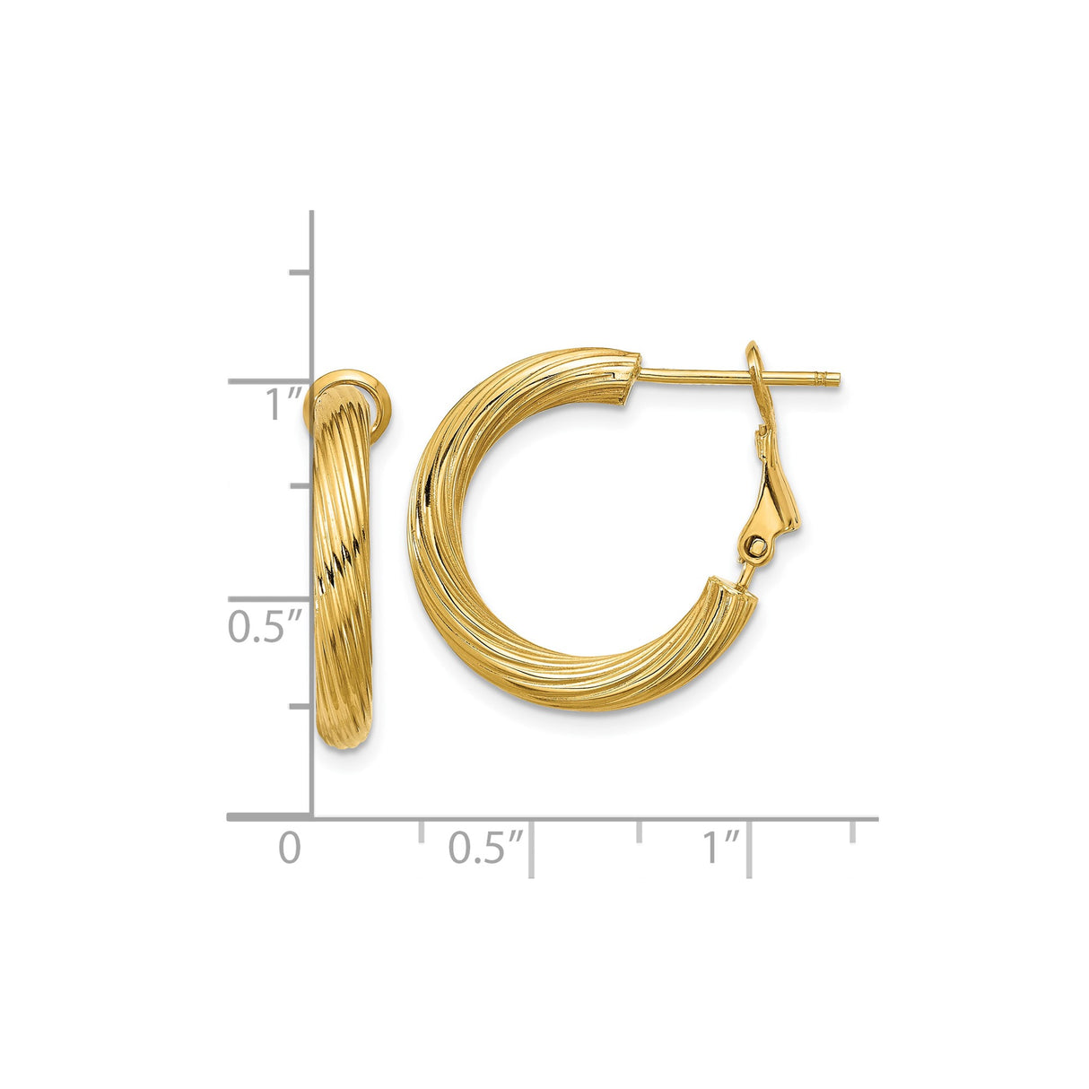 14k Yellow Gold Hoop Earrings, Twisted Ribbed Design with Omega Back