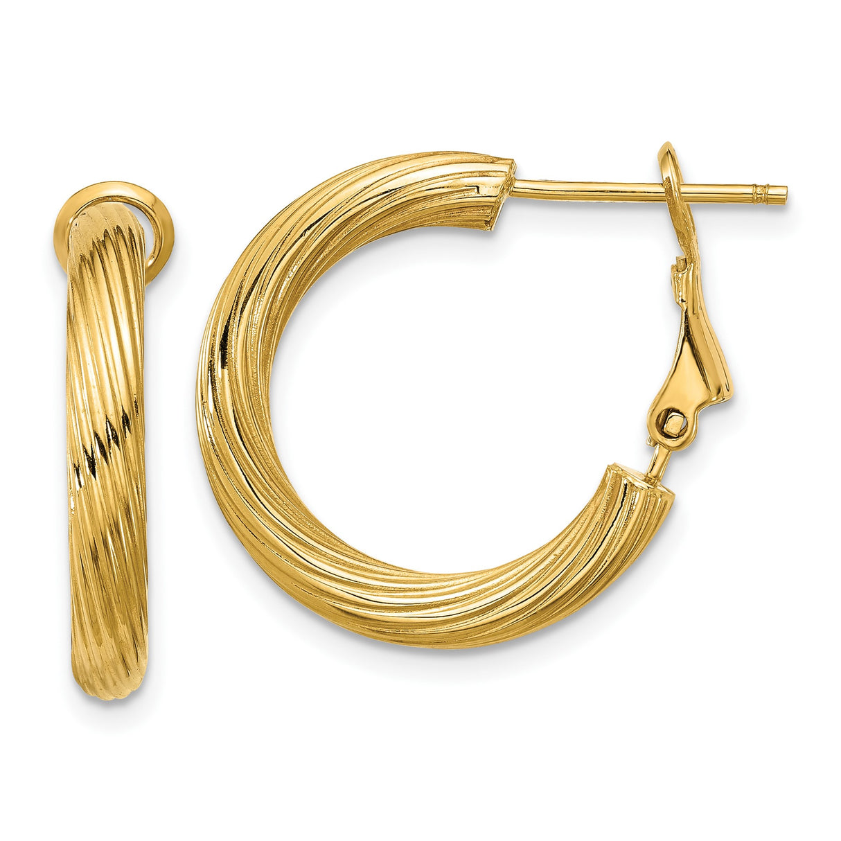 14k Yellow Gold Hoop Earrings, Twisted Ribbed Design with Omega Back