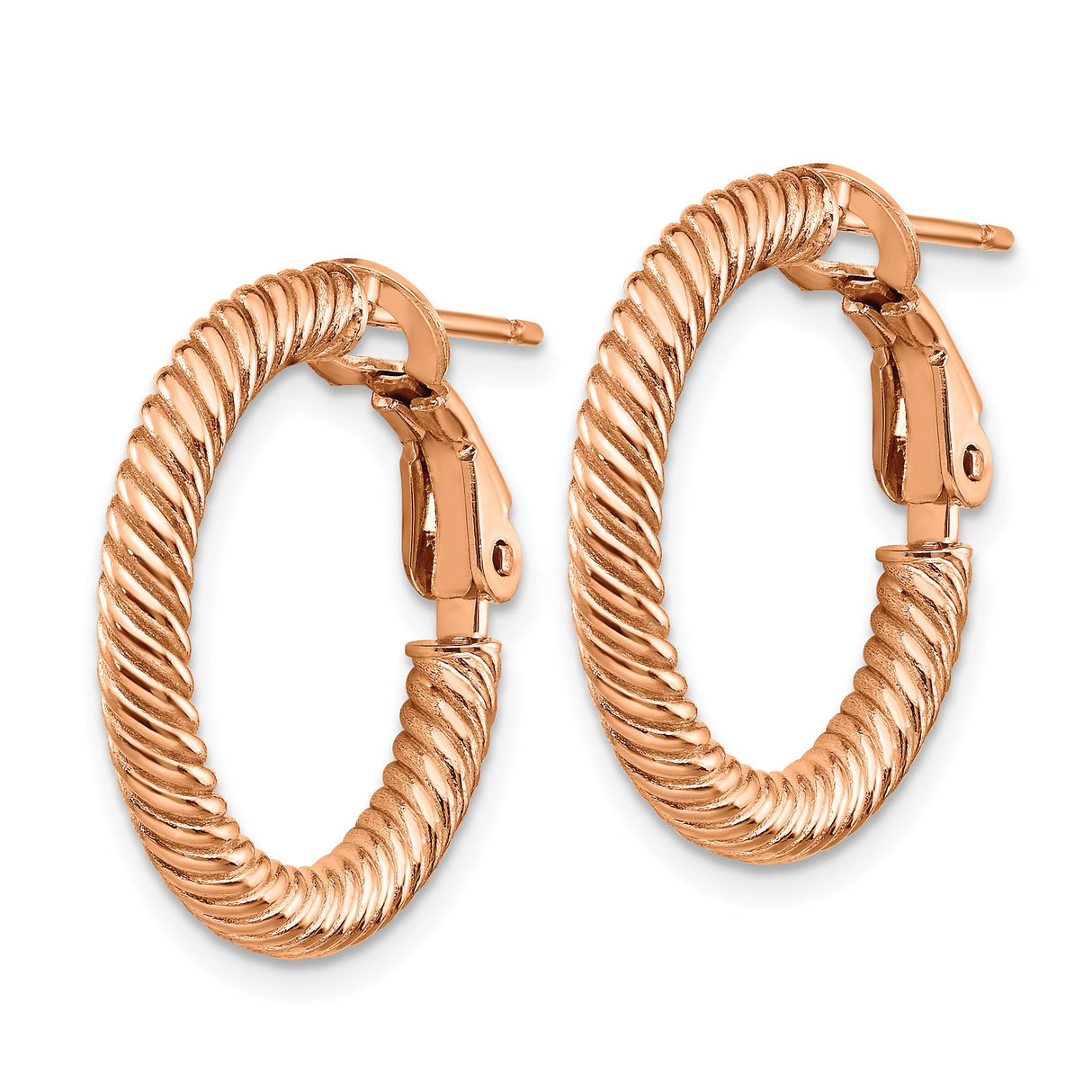 14k Rose Gold Twisted Rope Hoop Earrings with Textured Finish and Hinged Clasp