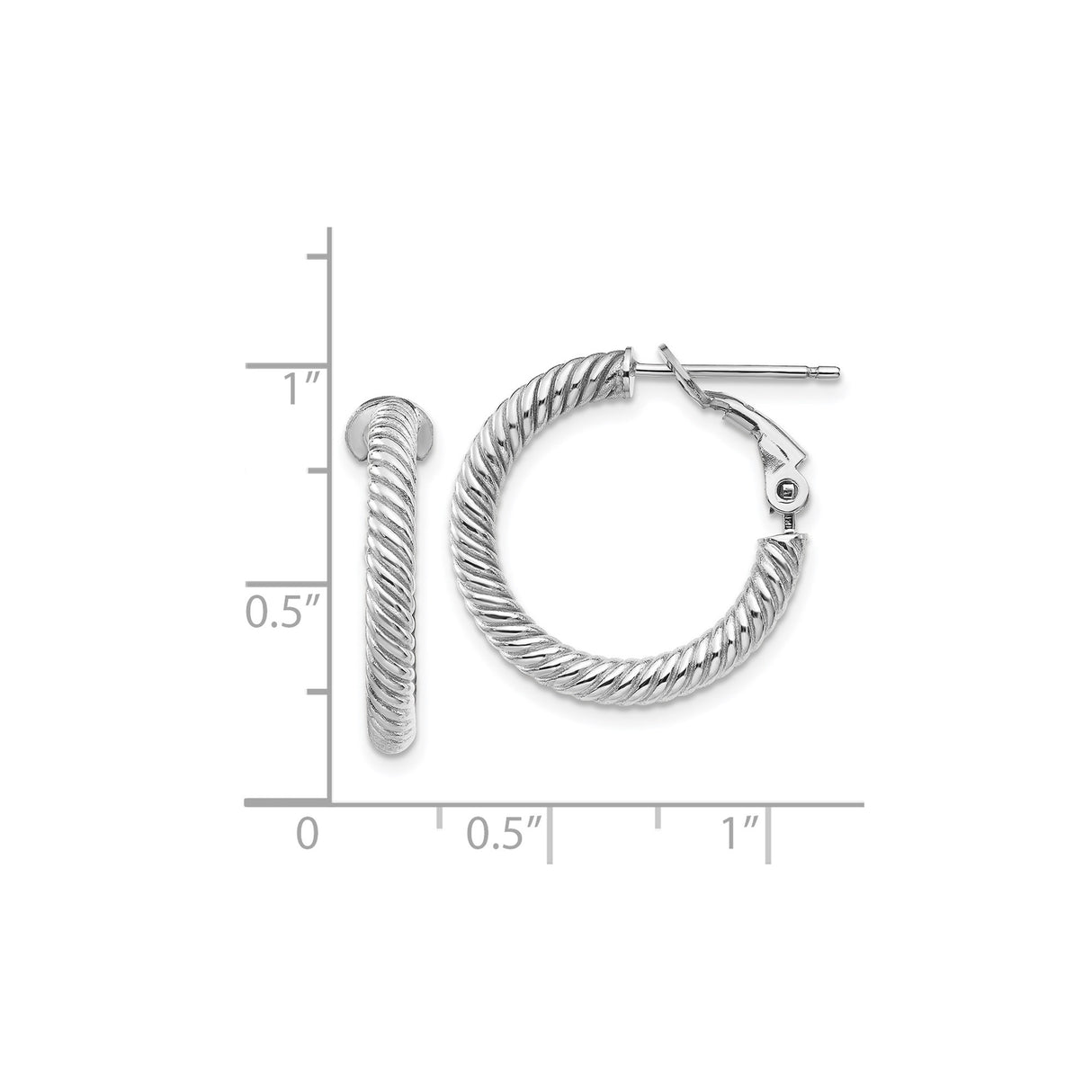 14k White Gold Twisted Rope Hoop Earrings, Medium Round Hoops with Latch Back Closure