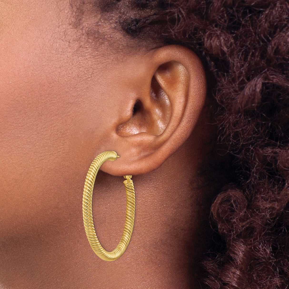 14k Yellow Gold Hoop Earrings, Twisted Rope Design with Omega Back