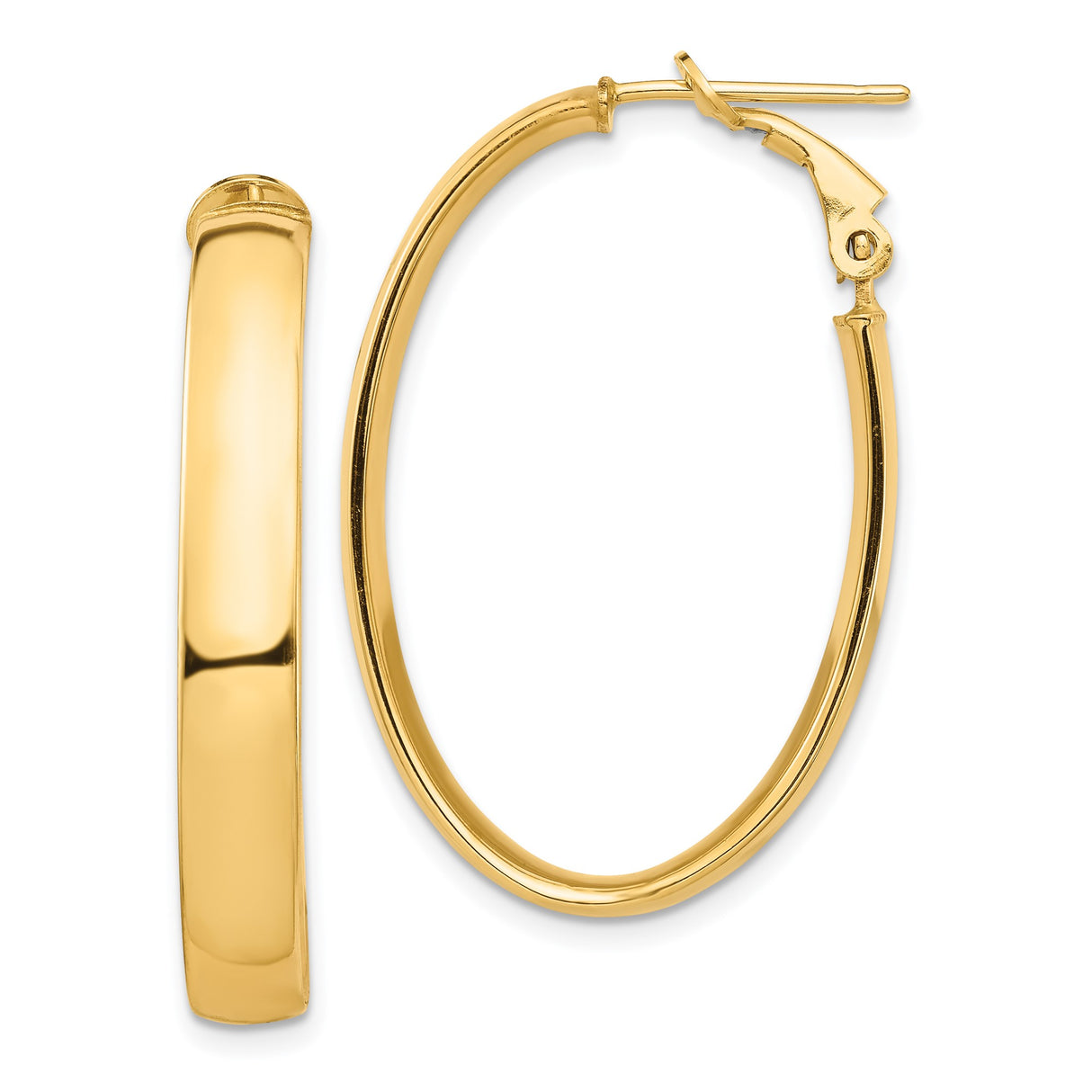 14k Yellow Gold Oval Hoop Earrings with Omega Back, Smooth Polished Finish, Lightweight Classic Style