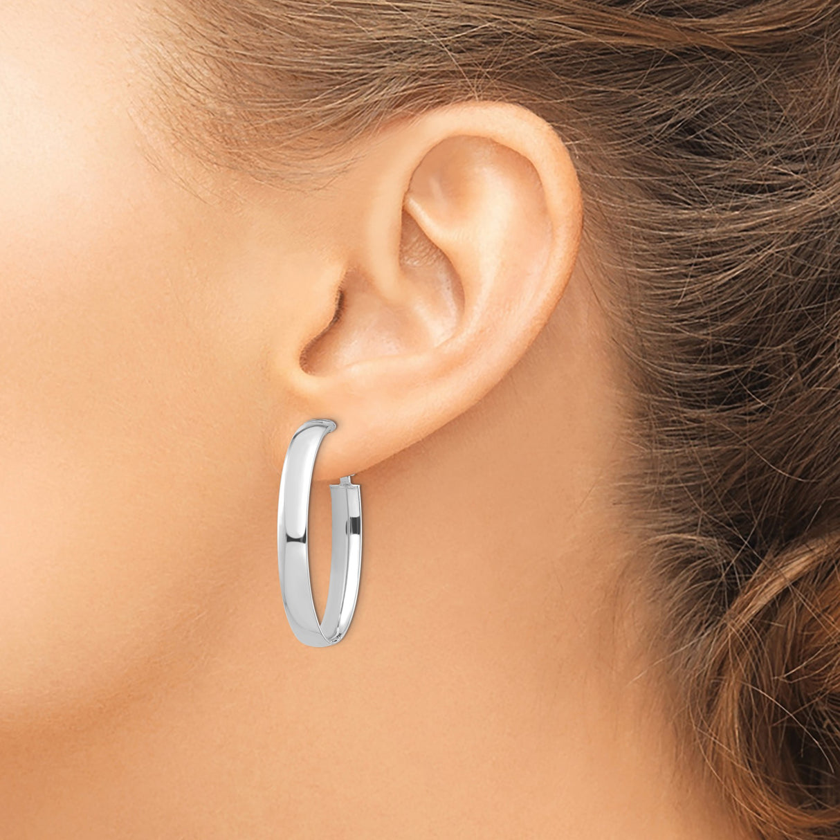 14k White Gold Hoop Earrings, Medium Oval with Polished Finish and Hinged Clasp