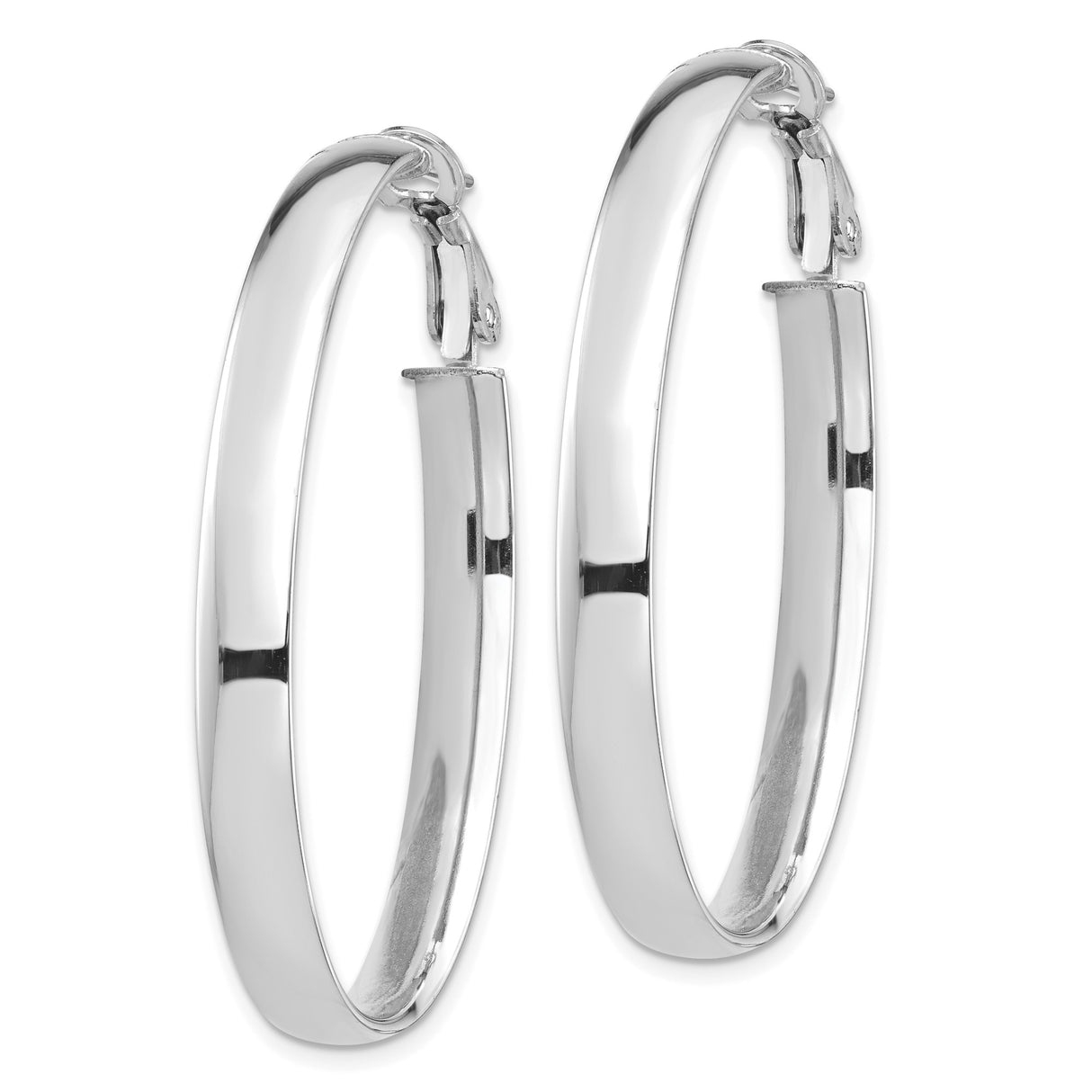 14k White Gold Oval Hoop Earrings, High Polish Finish, Classic Hinged Clasp, Lightweight Design