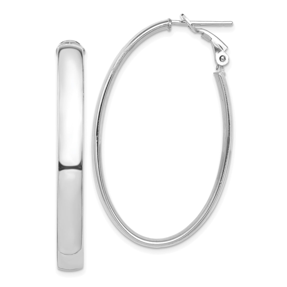 14k White Gold Oval Hoop Earrings, High Polish Finish, Classic Hinged Clasp, Lightweight Design