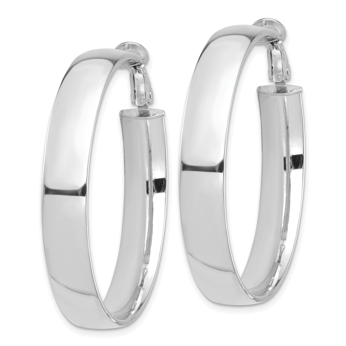 14k White Gold Hoop Earrings, Medium Round Polished Hoops with Hinged Snapback Closure