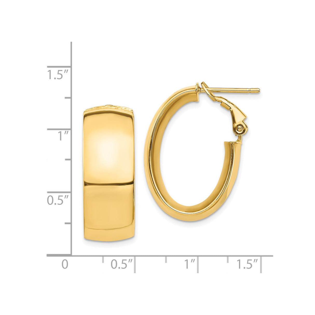 14k Yellow Gold Hoop Earrings, Smooth High Polish Finish, Oval Hinged Latch Back Design