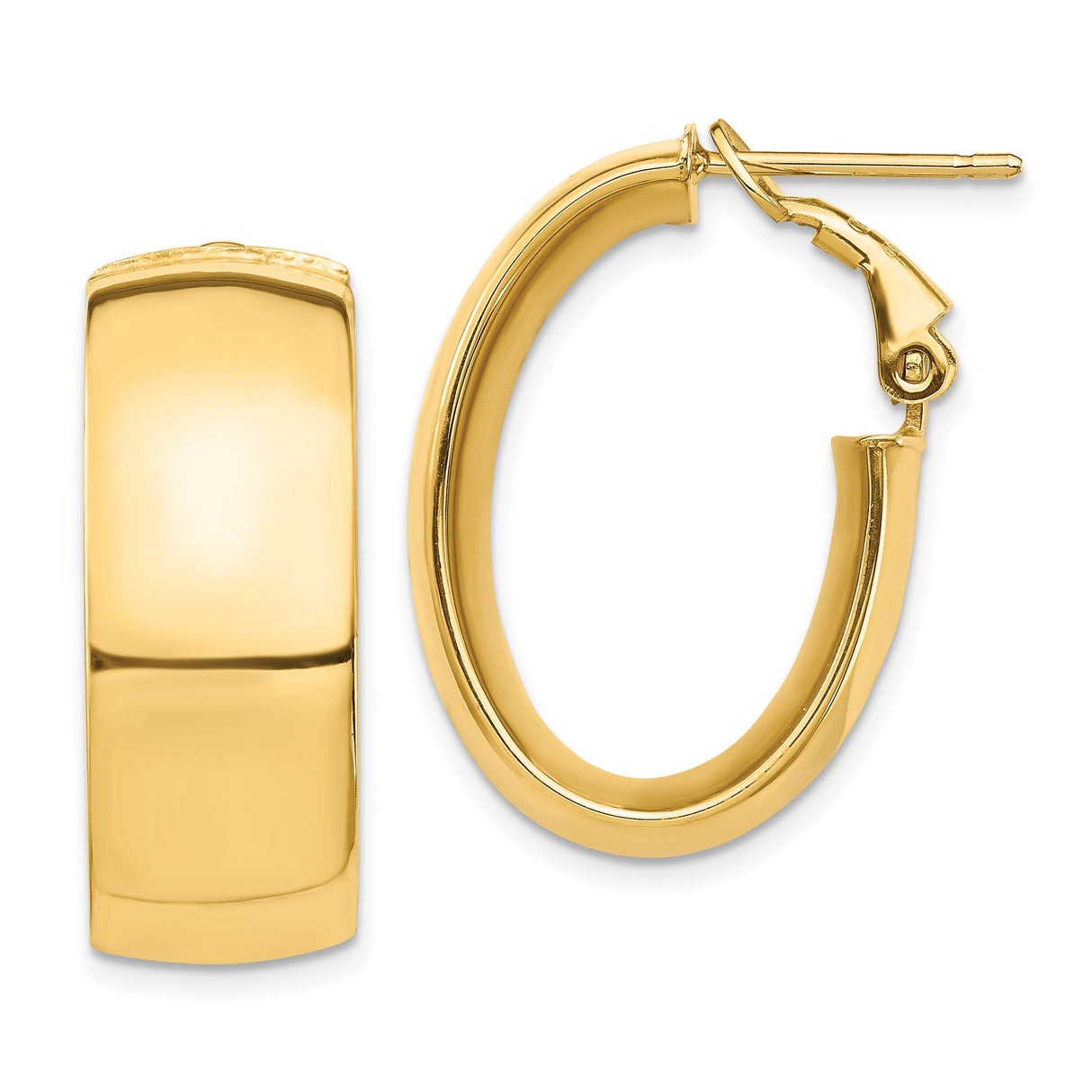 14k Yellow Gold Hoop Earrings, Smooth High Polish Finish, Oval Hinged Latch Back Design