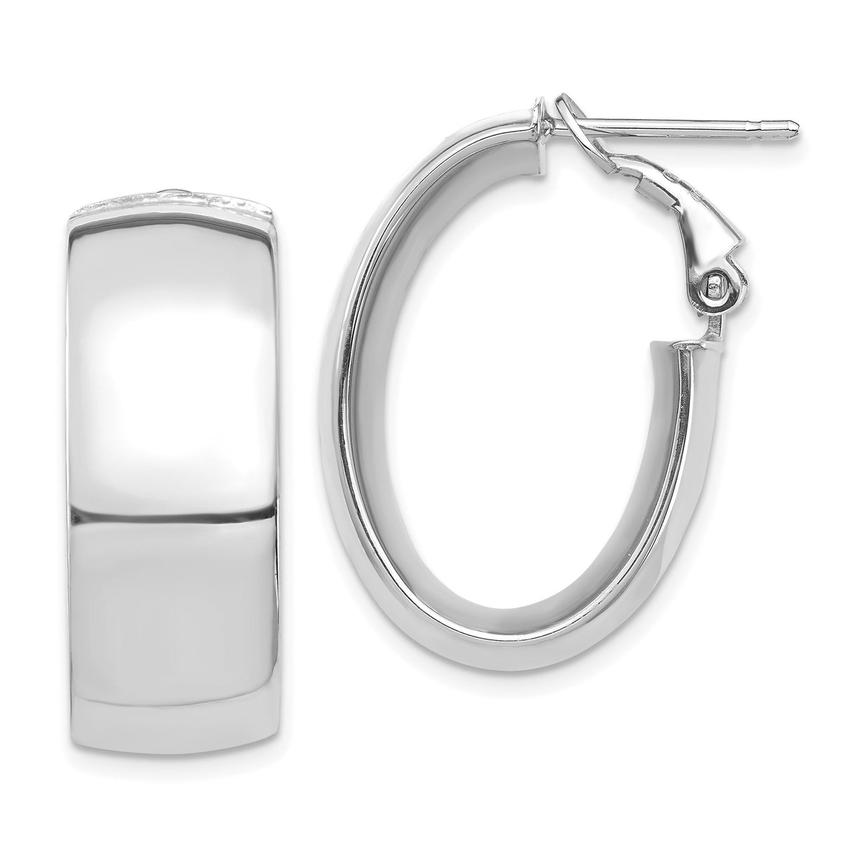 14k White Gold Hoop Earrings, Oval Hinged Hoops with Polished Finish, Minimalist Style
