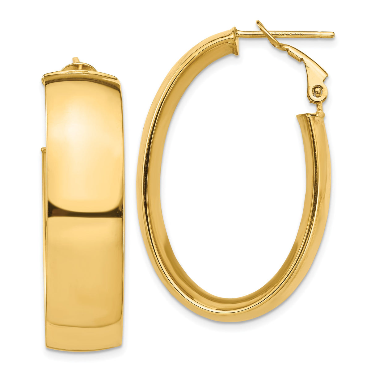 14k Yellow Gold Oval Hoop Earrings, High Polish Finish, Hinged Snap Back, Lightweight Design