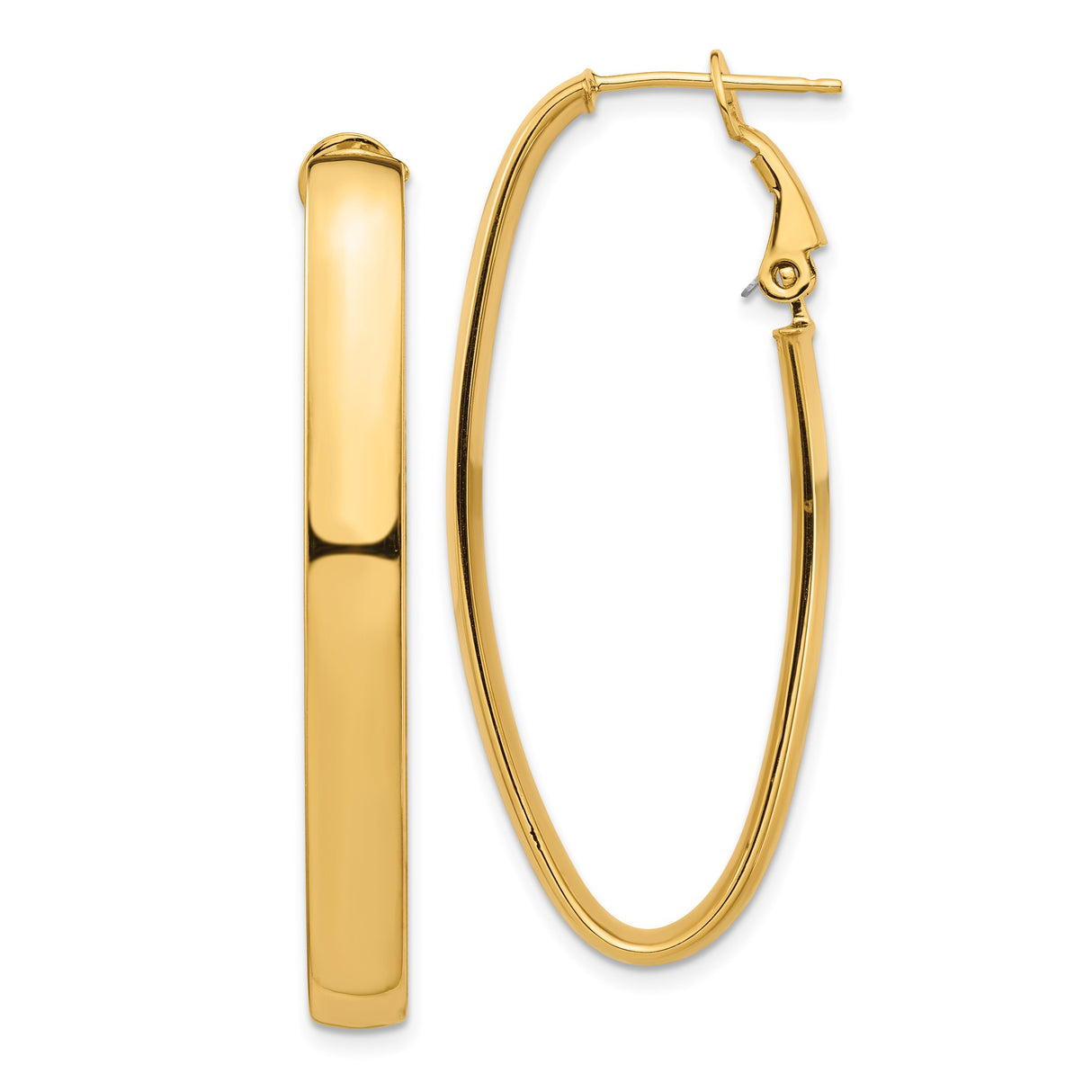 14k Yellow Gold Oval Hoop Earrings, Polished Finish, Hinged Snap Back, Medium Size for Women