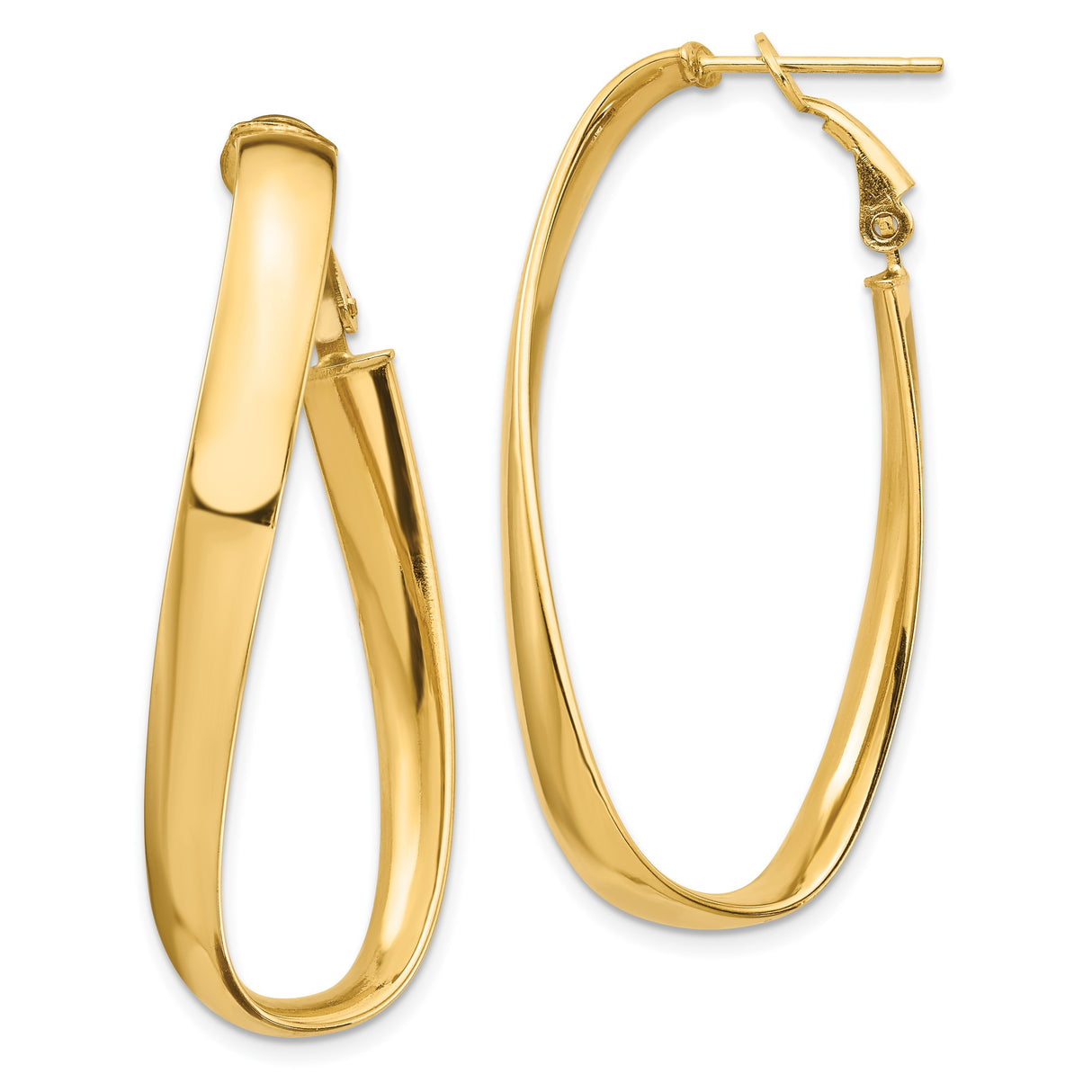 14k Yellow Gold Twisted Hoop Earrings with Elongated Teardrop Shape and Polished Finish