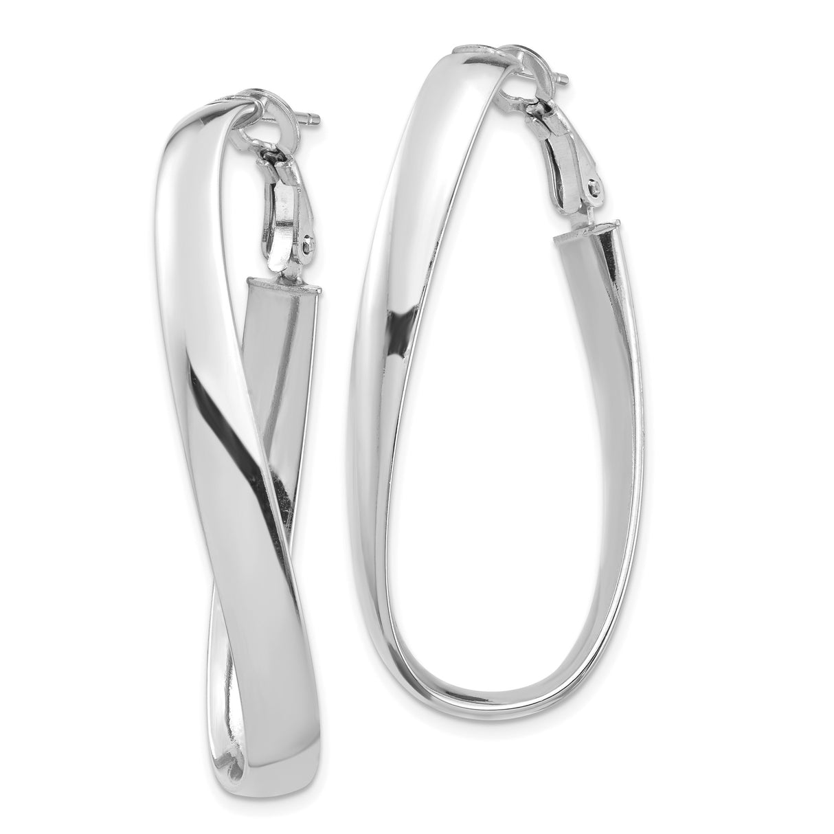 14k White Gold Twisted Oval Hoop Earrings, High-Polish Lightweight Modern Design