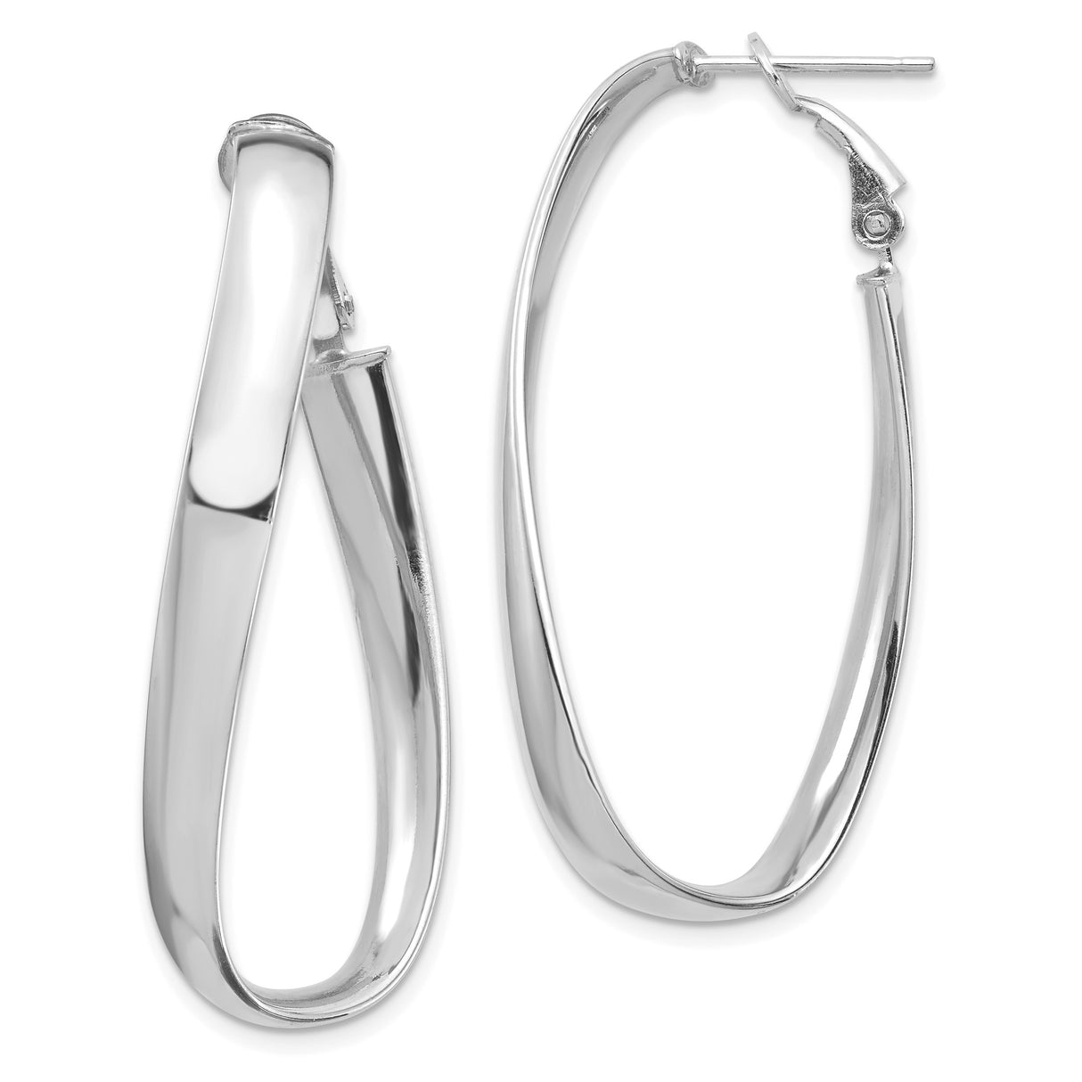 14k White Gold Twisted Oval Hoop Earrings, High-Polish Lightweight Modern Design