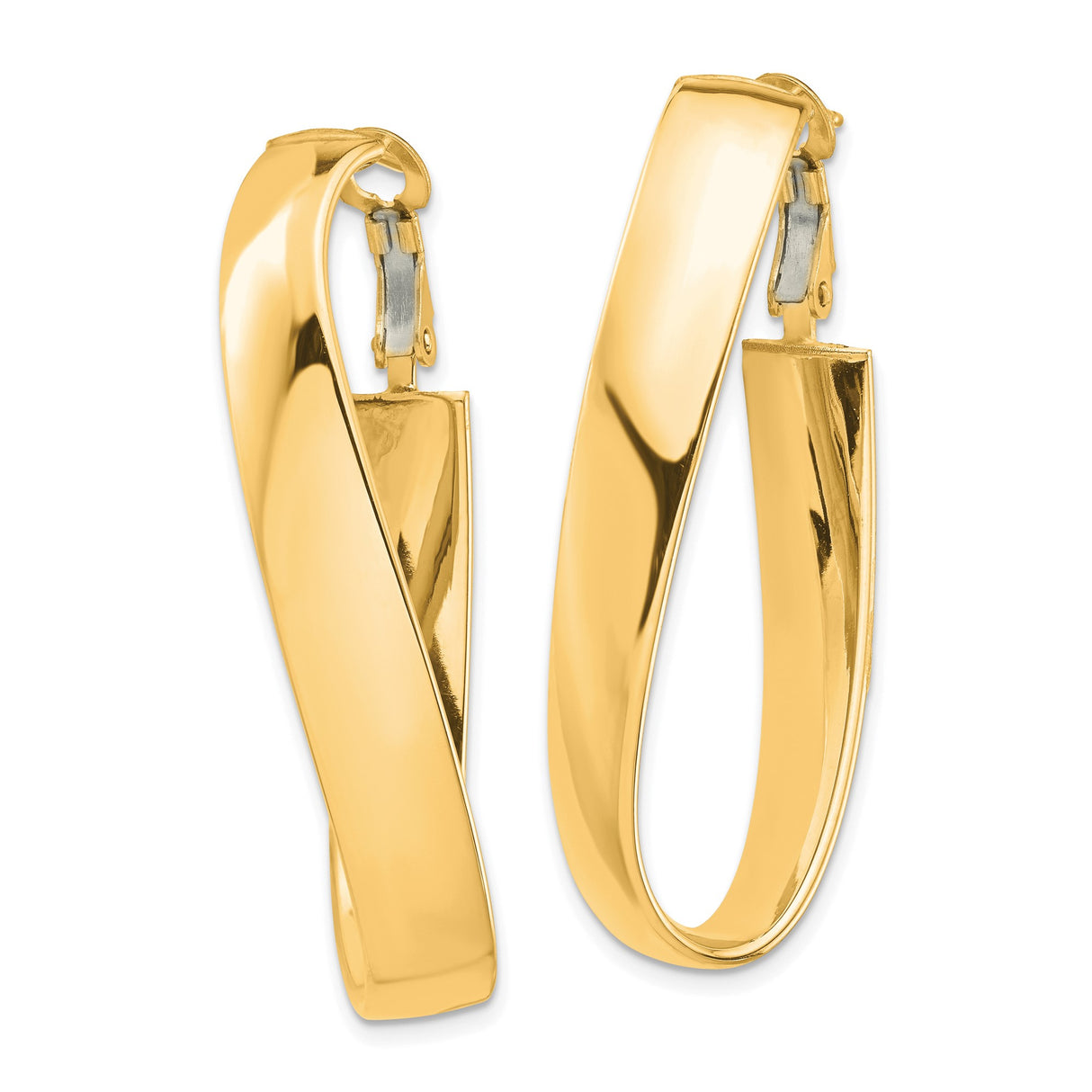 14k Yellow Gold Twisted Oval Hoop Earrings with Polished Finish, Lightweight Curved Design