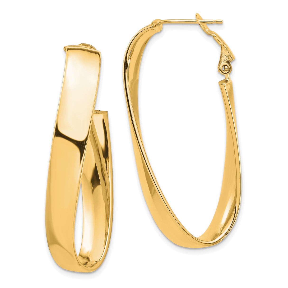 14k Yellow Gold Twisted Oval Hoop Earrings with Polished Finish, Lightweight Curved Design