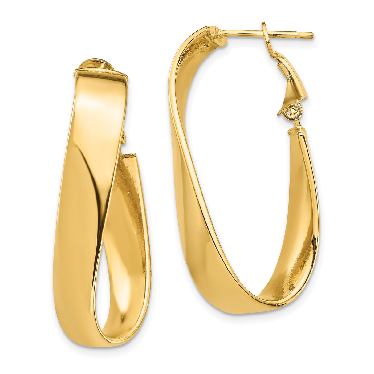 14k Yellow Gold Twisted Hoop Earrings with Open Crossover Design, Lightweight Oval Style for Women
