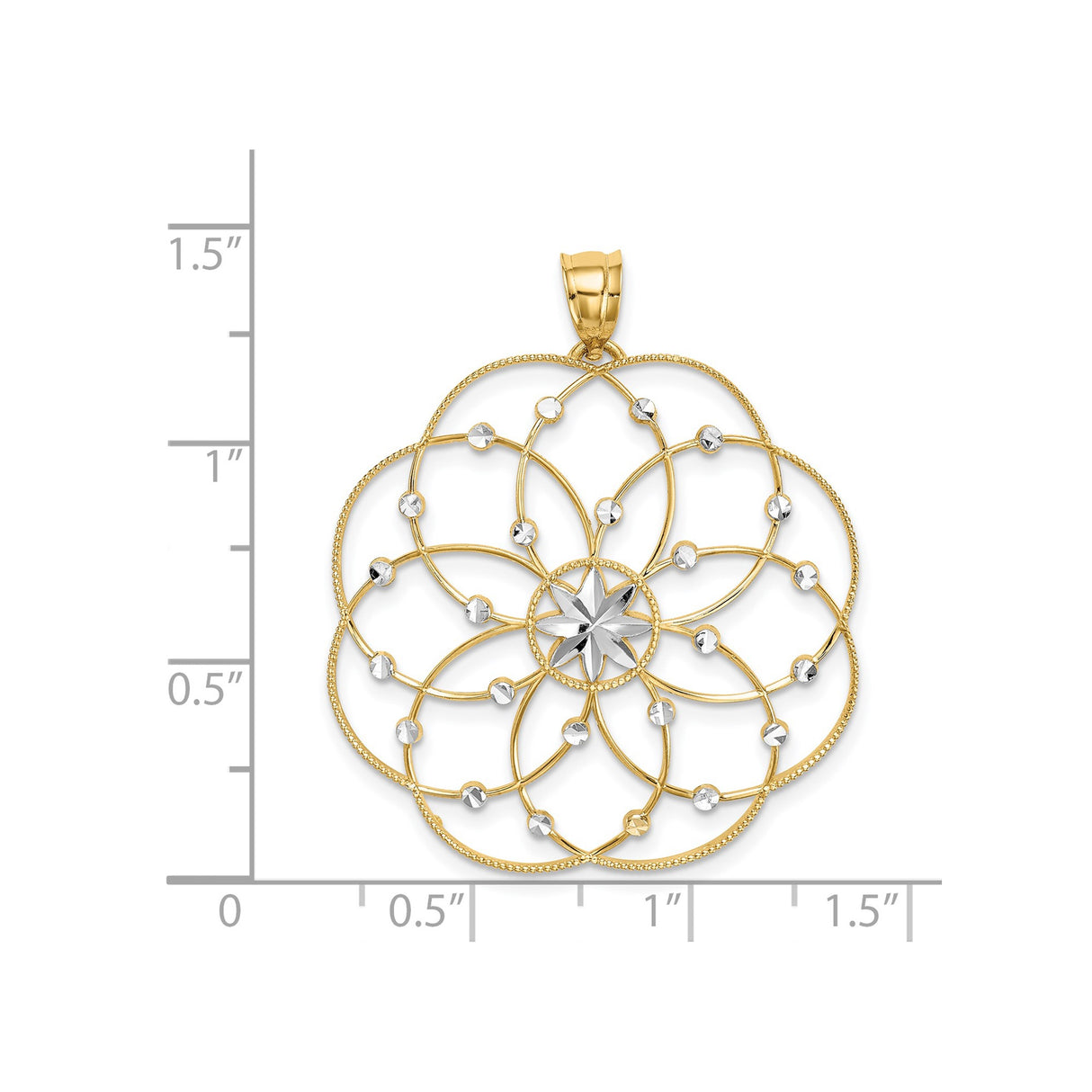 14k Multi-Tone Gold Flower Mandala Pendant with Diamond Cut Accents, Geometric Starburst Design