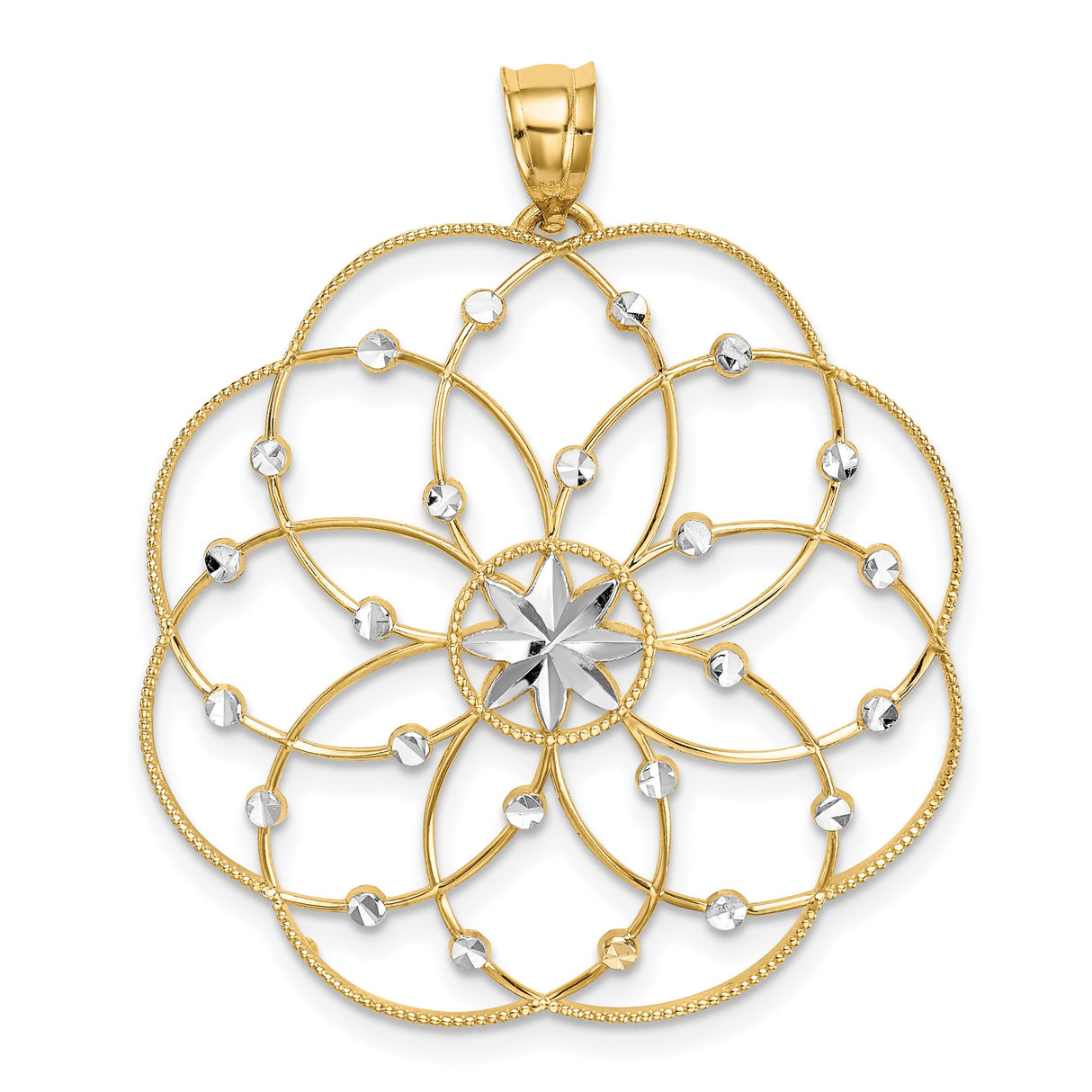 14k Multi-Tone Gold Flower Mandala Pendant with Diamond Cut Accents, Geometric Starburst Design