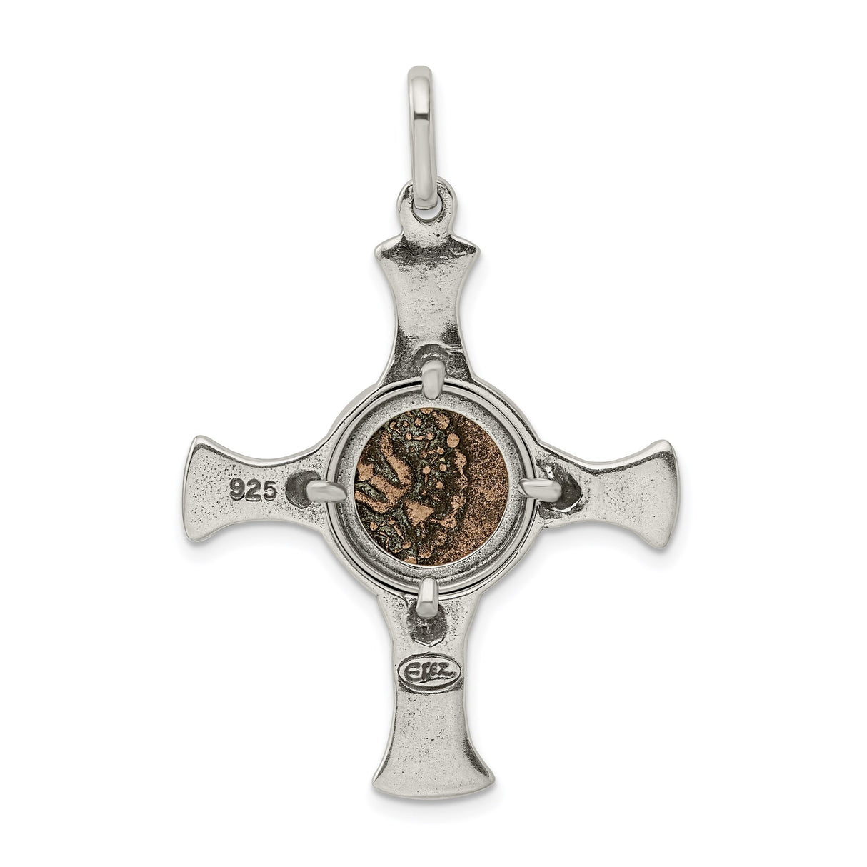 Sterling Silver Cross Pendant with Tribal Bronze Symbol and Oxidized Sunburst Design