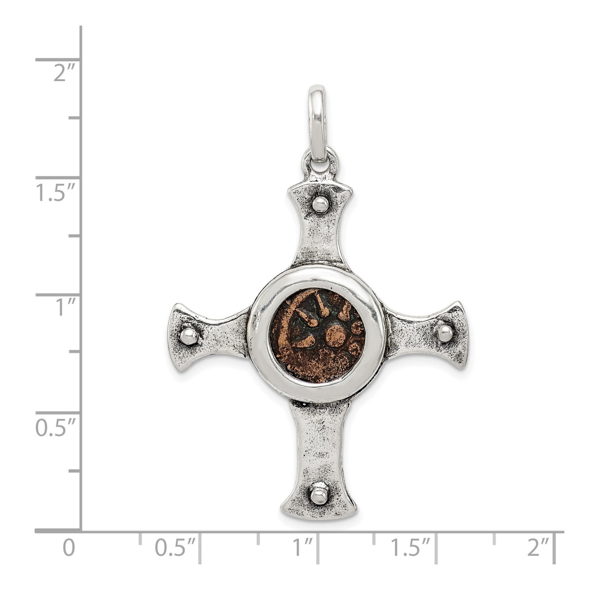 Sterling Silver Cross Pendant with Tribal Bronze Symbol and Oxidized Sunburst Design