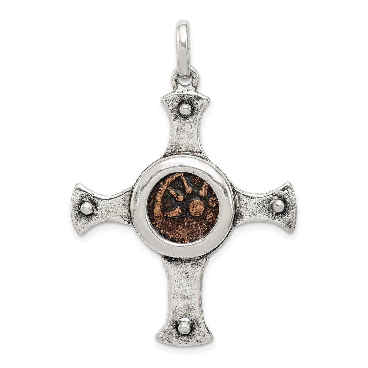 Sterling Silver Cross Pendant with Tribal Bronze Symbol and Oxidized Sunburst Design
