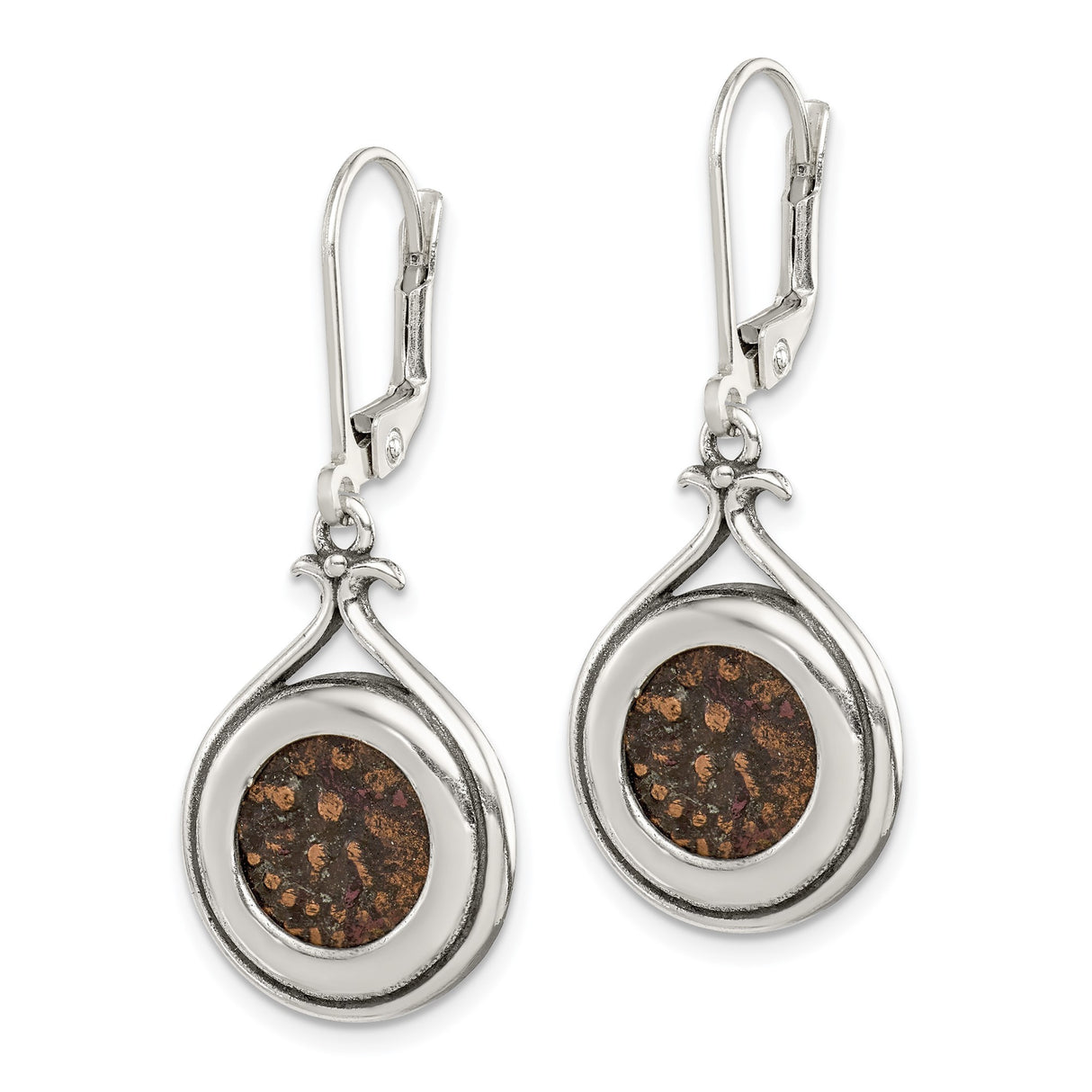 Sterling Silver Drop Earrings with Bezel Set Round Element and Textured Teardrop Frame