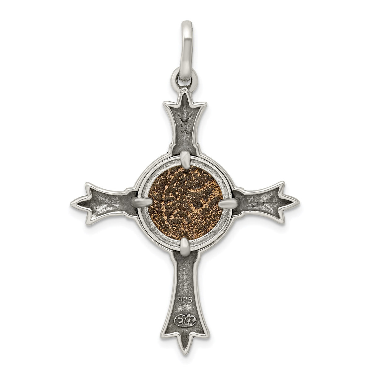 Sterling Silver Cross Pendant with Sunburst Coin and Antique Textured Metalwork