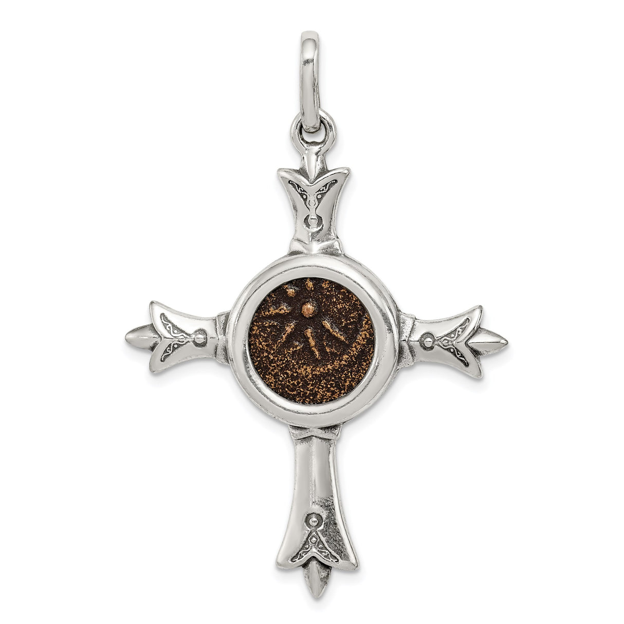 Sterling Silver Cross Pendant with Sunburst Coin and Antique Textured Metalwork