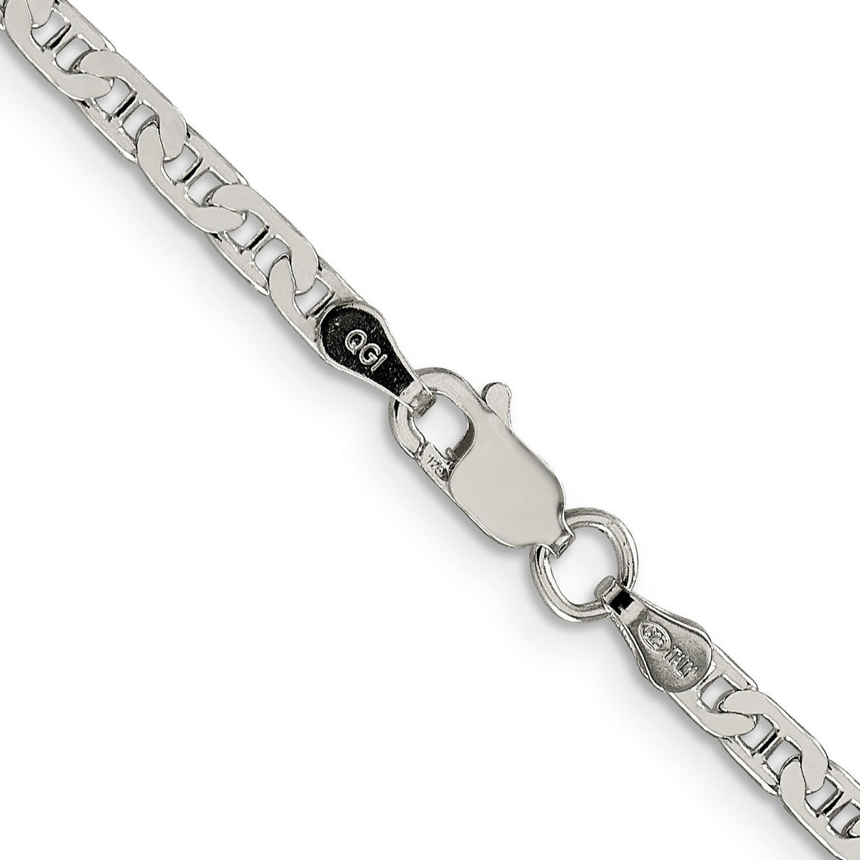 925 White Gold 3 mm Polished Chain Necklace, Solid alternate angle
