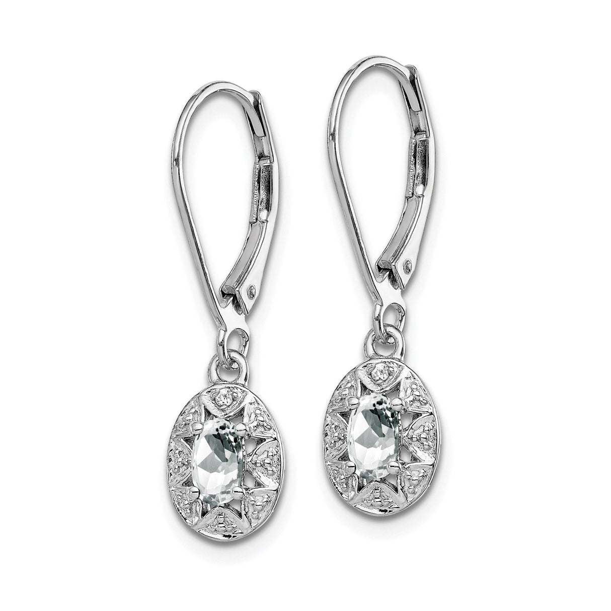 Sterling Silver Drop Earrings with White Topaz and Diamond, Oval Vintage Style for Women